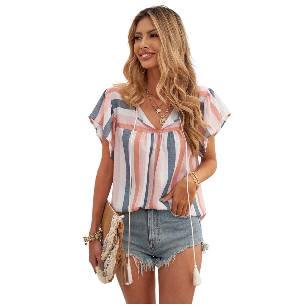 C+D+M Colorful Striped Boho Western Flutter Sleeve Top with Tassels V-Neck